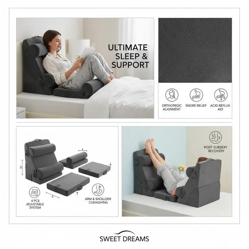 Coussin Inclinable pour Lit, Oreiller Triangulaire Orthopédique Réglable, Rembourrage en Mousse, Housse Lavable, Coussin de Lecture pour Lit pour Soulagement du Reflux Acide, Soutien du Dos, des Jambes, des Bras, Gris Foncé