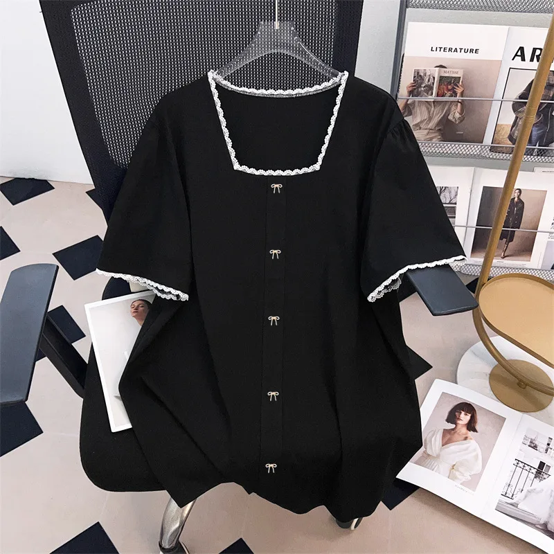 

170Kg Plus Size Women's Bust 170 Summer Loose Lace Square Neck Short Sleeve T-Shirt Black 4XL 5XL 6XL 7XL 8XL 9XL