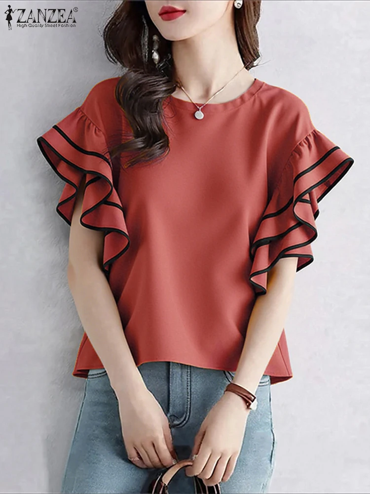 بلوزة نسائية أنيقة من ZANZEA لعام 2025 قمصان مكشكشة بأكمام قصيرة ورقبة دائرية ملابس علوية صيفية فضفاضة غير رسمية بلوزات مكتب تونك #3