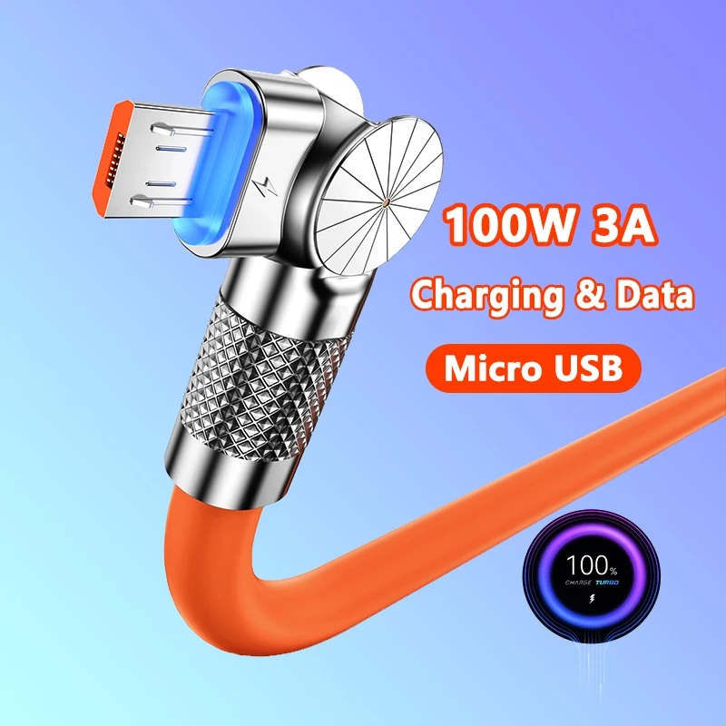 100W 3A Elbow 180° Micro USB Fast Charging Data Cable For Playing Game For Galaxy S7 S6 J7 Edge Xiaomi Android Phone Micro Cord