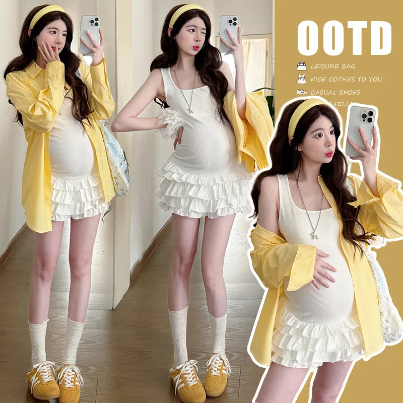 

2025 Summer Maternity Set - Korean Style Blouse + Floral Bustier Cake Skirt, Petite Pregnancy Two-Piece for Fashionable Moms