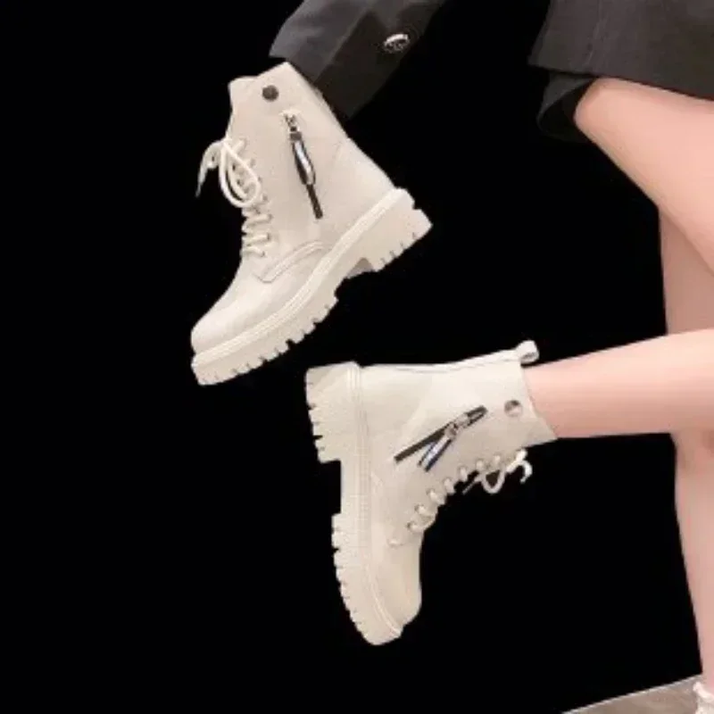 Women's Shoes 2024 Hot Sale Lace Up Women's Boots Autumn Round Toe Solid Short Barrel Platform Fashion Korean Style Naked Boots