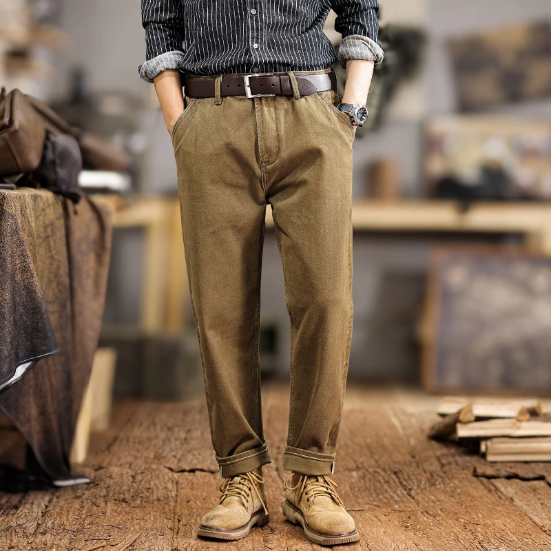 Pantalones de trabajo informales Vintage americanos para hombre, pantalones de pierna recta informales de gran tamaño, holgados, cónicos, de peso pesado, 100% algodón