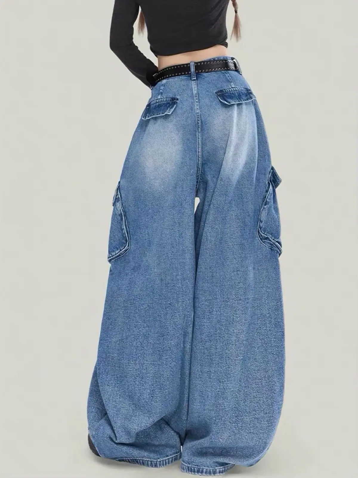 Y2K American High Street Blue Wide Leg Workwear Jeans High Waisted Loose Pear Shaped Curved Knife Pants for Women