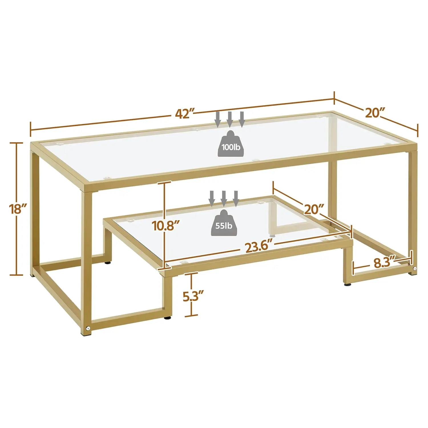 Gold Coffee Table, 42" Rectangular Glass Coffee Table for Living Room, 2-Tier Center Tea Tables with Metal Frame for Small Space