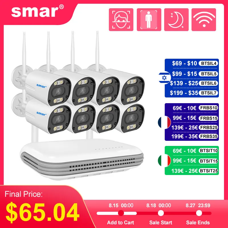 

Беспроводная система видеонаблюдения SMAR, комплект с Wi-Fi камерой H.265 3 Мп HD, аудио, ии, обнаружение лица, IP 8CH NVR, комплект видеонаблюдения ICSee