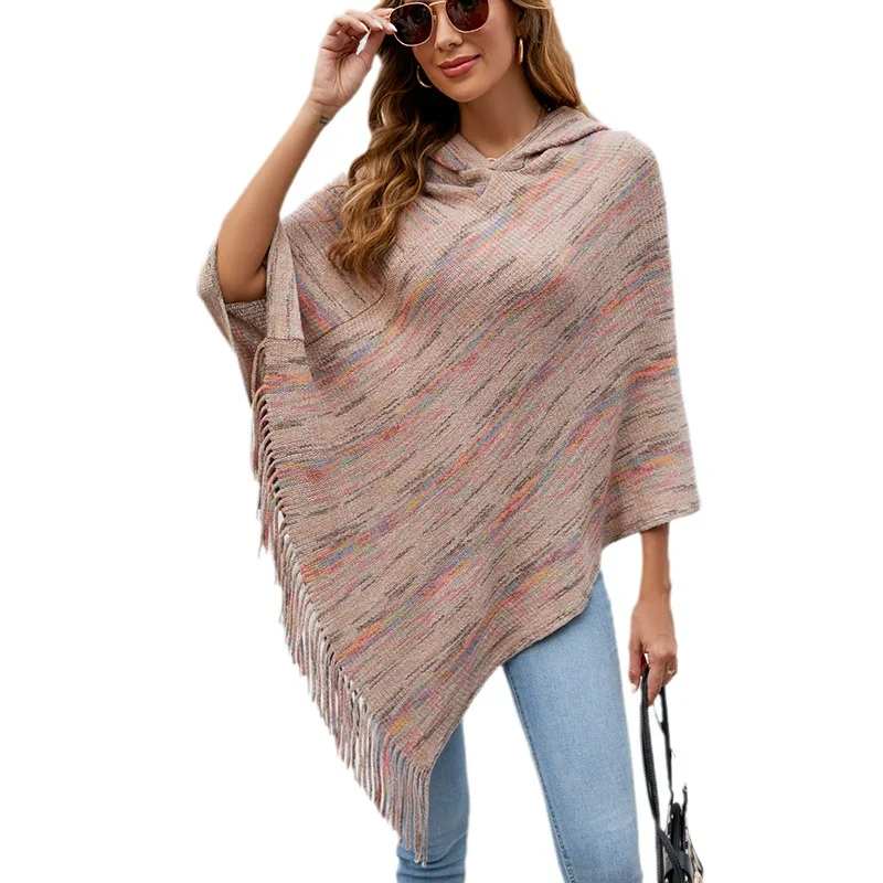 Foreign trade hooded striped fringed cloak shawl women's 2023 autumn and winter new women's outer scarf