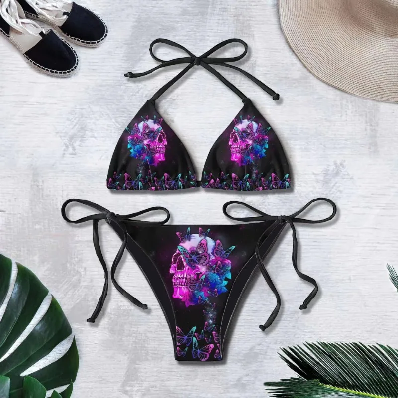 Gothic Skull Print Bikini Set Punk Dark Style Women Swimsuit Sexy Halter Bandage Two Piece Swimwear Summer Beach