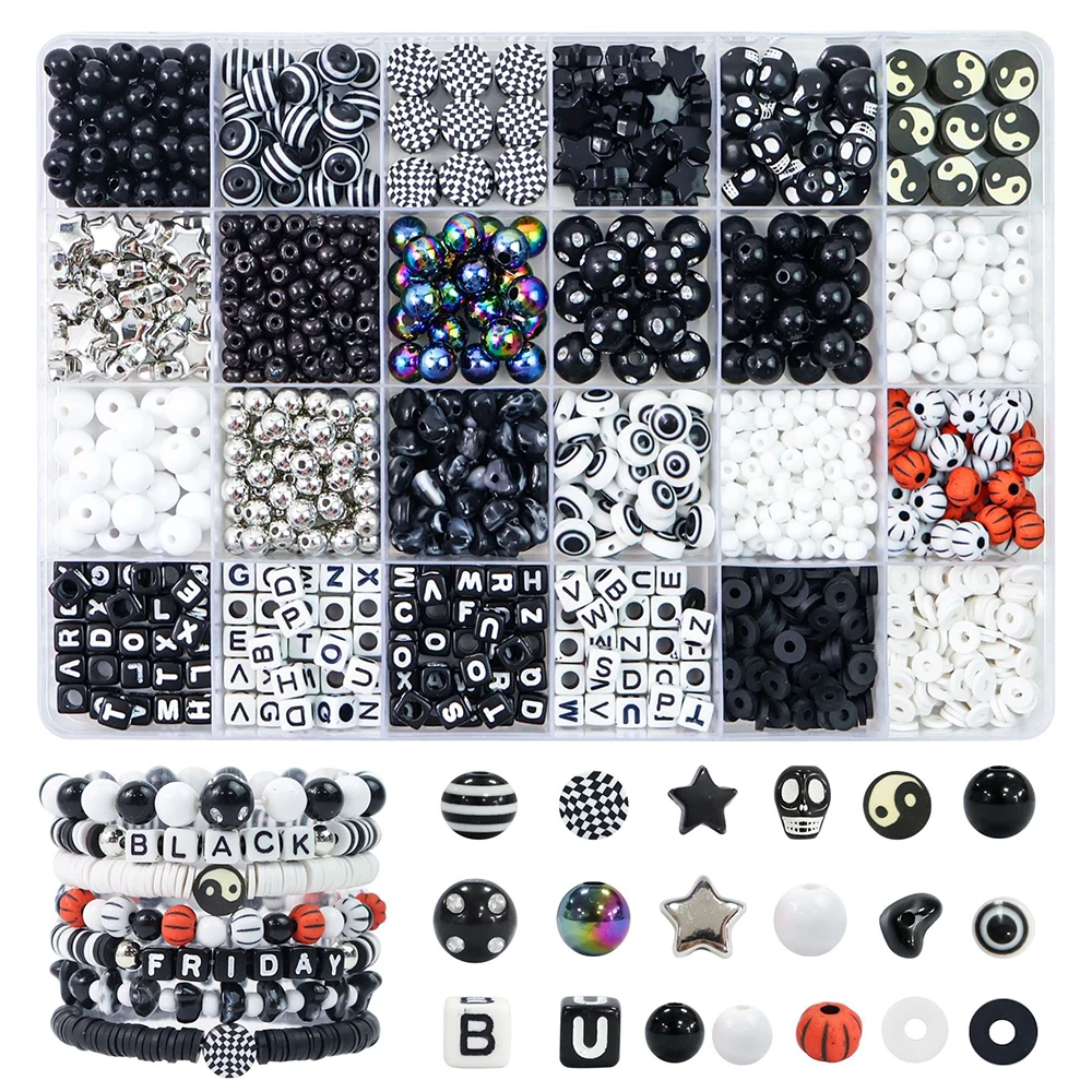 Halloween 1000 Pcs Bead Craft Kit Letters Black White Tai Chi Plastic DIY Jewelry Making Bracelets Necklace Hair Braiding Charm