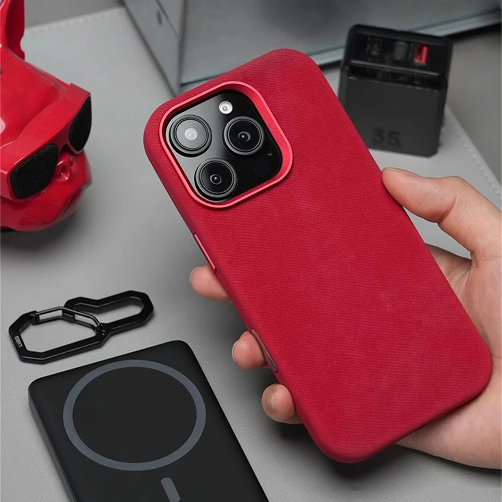 Luksusowe metalowe etui z magnetycznymi włóknami i skórzanym wykończeniem do iPhone 18 17 Pro Max 16 15 14 13, kompatybilne z bezprzewodowym ładowaniem MagSafe, odporne na wstrząsy. — zdjęcie produktu 2