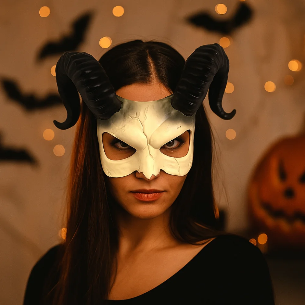 Engraçado animal máscara de halloween meia face plástico chifre de ovelha máscara festa adereços cosplay suprimentos demônio máscara homem