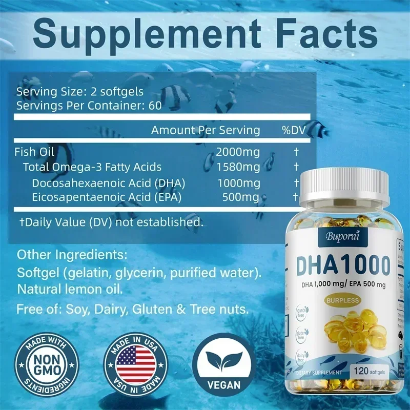 Omega 3 Fish Oil DHA Supplements - Antioxidant, Supports Joint, Heart and Skin Health, Improve Cognitive Function and Memory