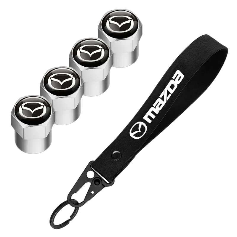 For Mazda 3 5 CX-5 CX-3 CX-9 Atenza Aluminum MS Axela Demio 4Pcs Metal Car Tire Valve Cover Car Badge Nylon Keychain Accessories