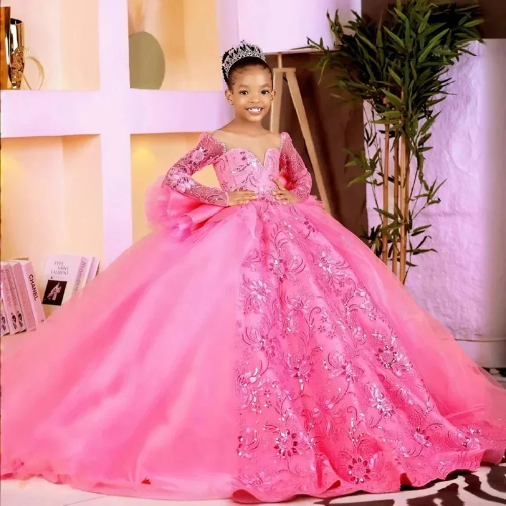 

Pink Flower Girl Dresses Children Birthday Dress Illusion Sheer Neck Long Sleeves Beaded Lace Princess Ball Gowns Customized