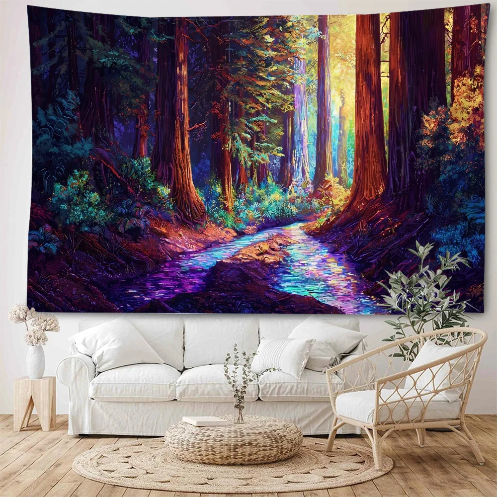Under the beautiful starry sky, forest paths, river backgrounds, decorative tapestries, home backgrounds, walls, bedroom decorat