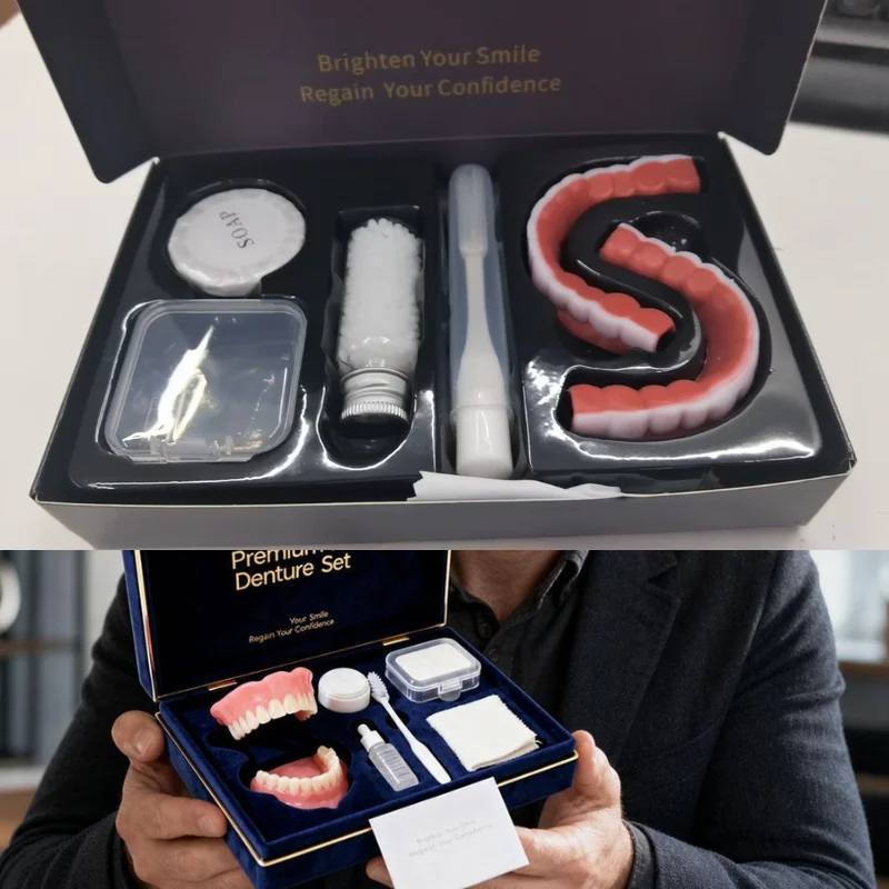 Complete Full Mouth Denture Set with Storage Case Realistic Full Upper and Lower False Teeth Denture Set Cleaning Accessory