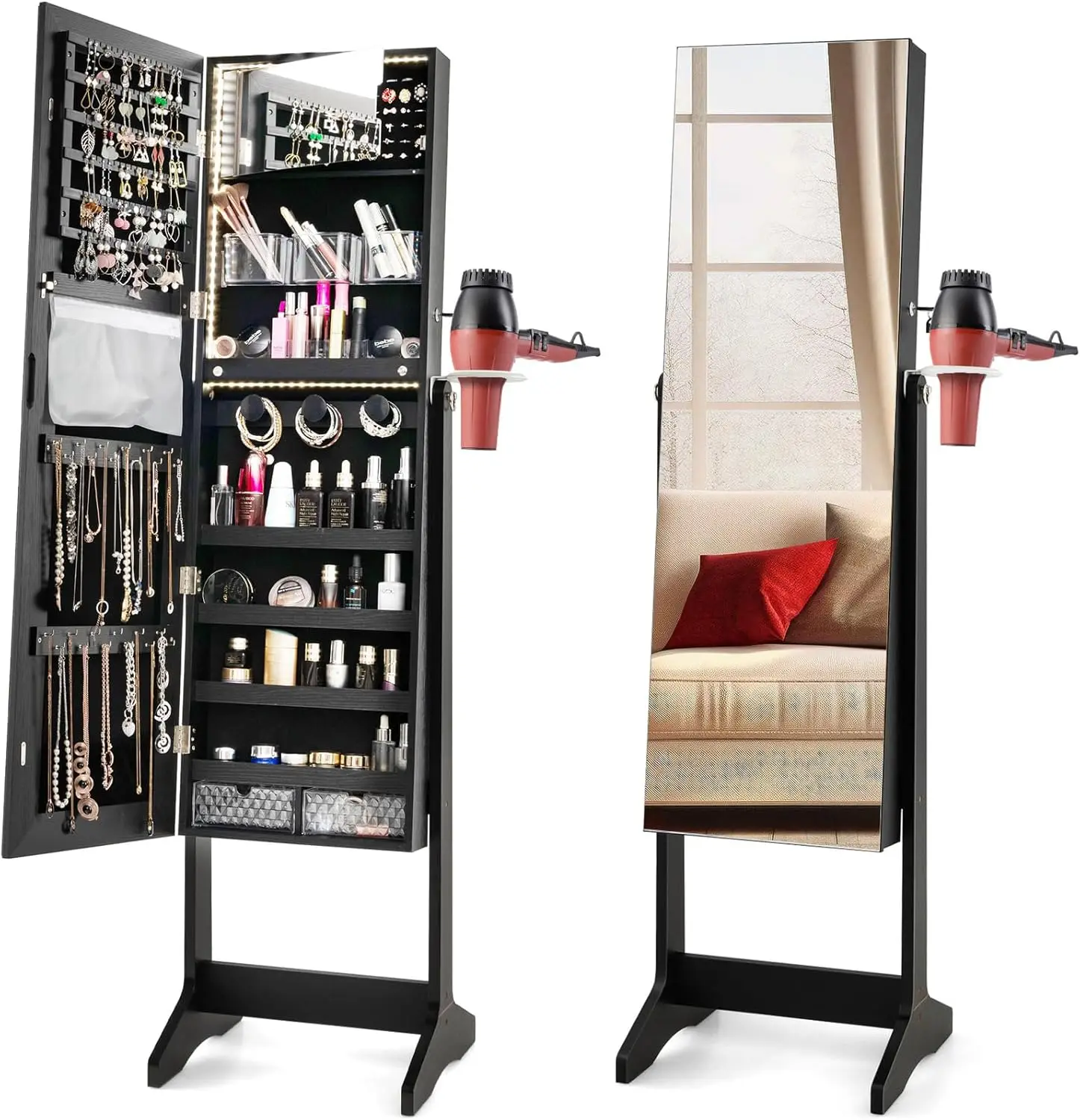 Jewelry armoire back view showing wall anchoring bracket location