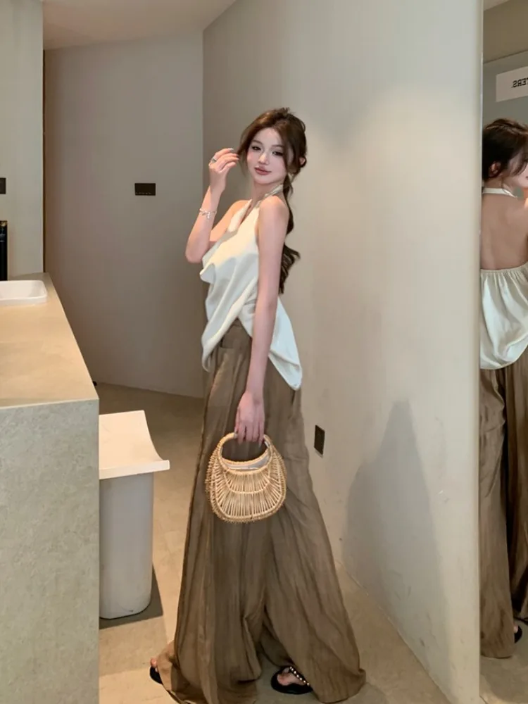 White Draped Neckline Hanging Strap Vest Women Summer Unique Design Beautiful Back Exposure Outerwear Casual Loose Style