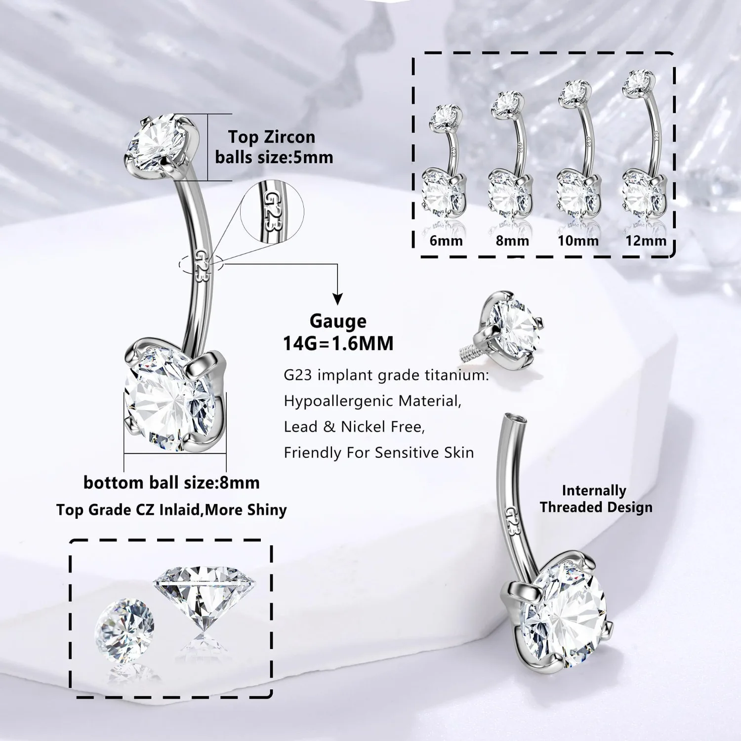 Drperfect 14G G23 Titan-Chirurgenstahl 14K vergoldete Bauchnabelringe für Damen mit Zirkonia-Nabelpiercing-Schmuck – Detail 2