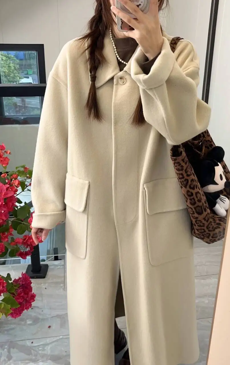 

Wool Blend Coats Womens Woolen Coat Black Women Fall Tweed Herringbone Notched Collar Foldable Balloon Sleeve Double-Layer Thick