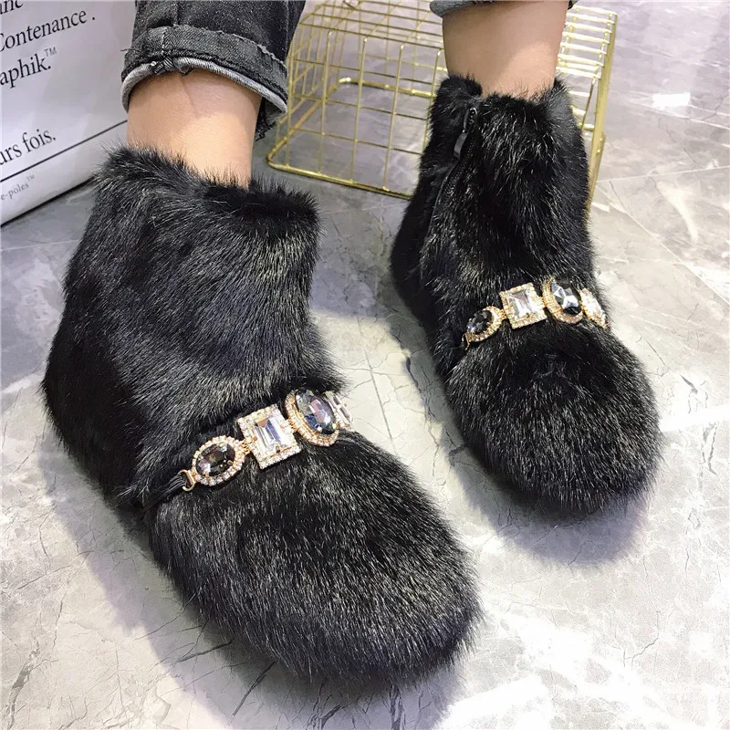 

One Piece Mink Fur Women Snow Boots Black Winter Warm Furry Fur Shoes Crystal Decor Botines Mujer Thick Sole Platform Flats