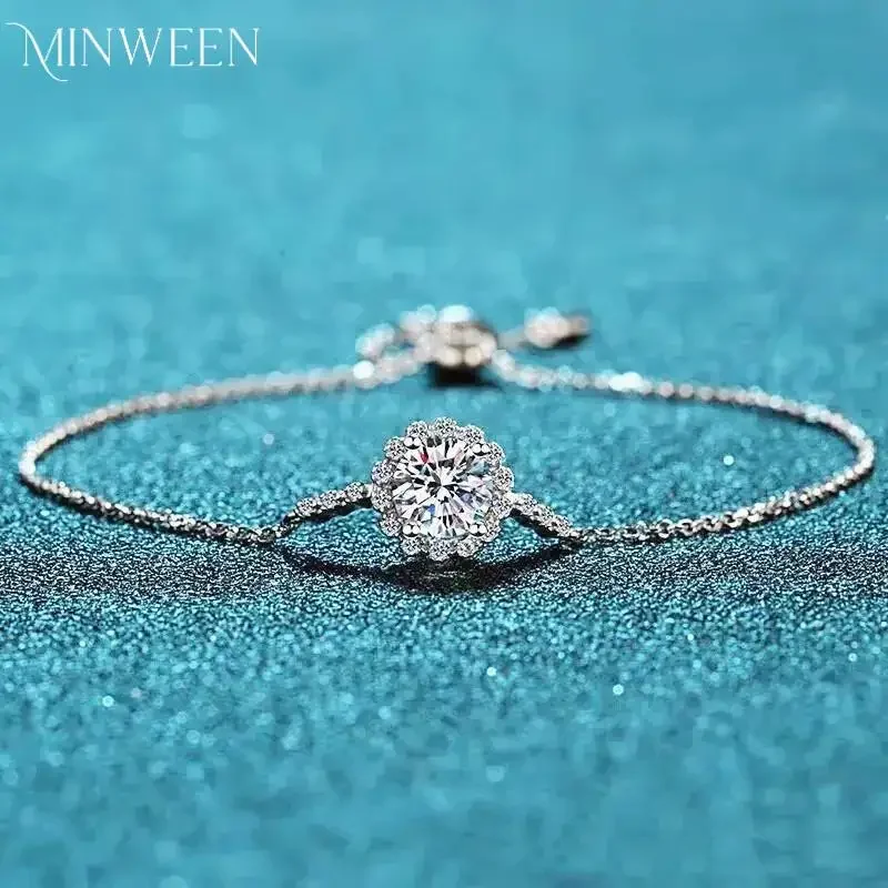 MINWEEN 1CT Real Moissanite Bracelet for Women Round Cut Sparkling Party Jewelry S925 Sterling Silver Adjustable Chain