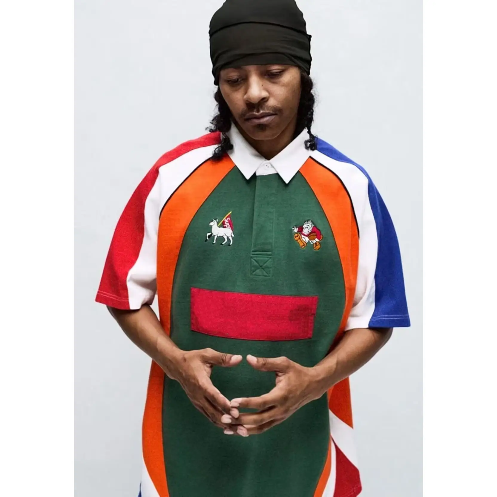 

Vuu American Splice Color Contrast Patchwork Embroidery Shirt Short Sleeve Turn-down Collar T-shirt Cleanfit Standard Fit