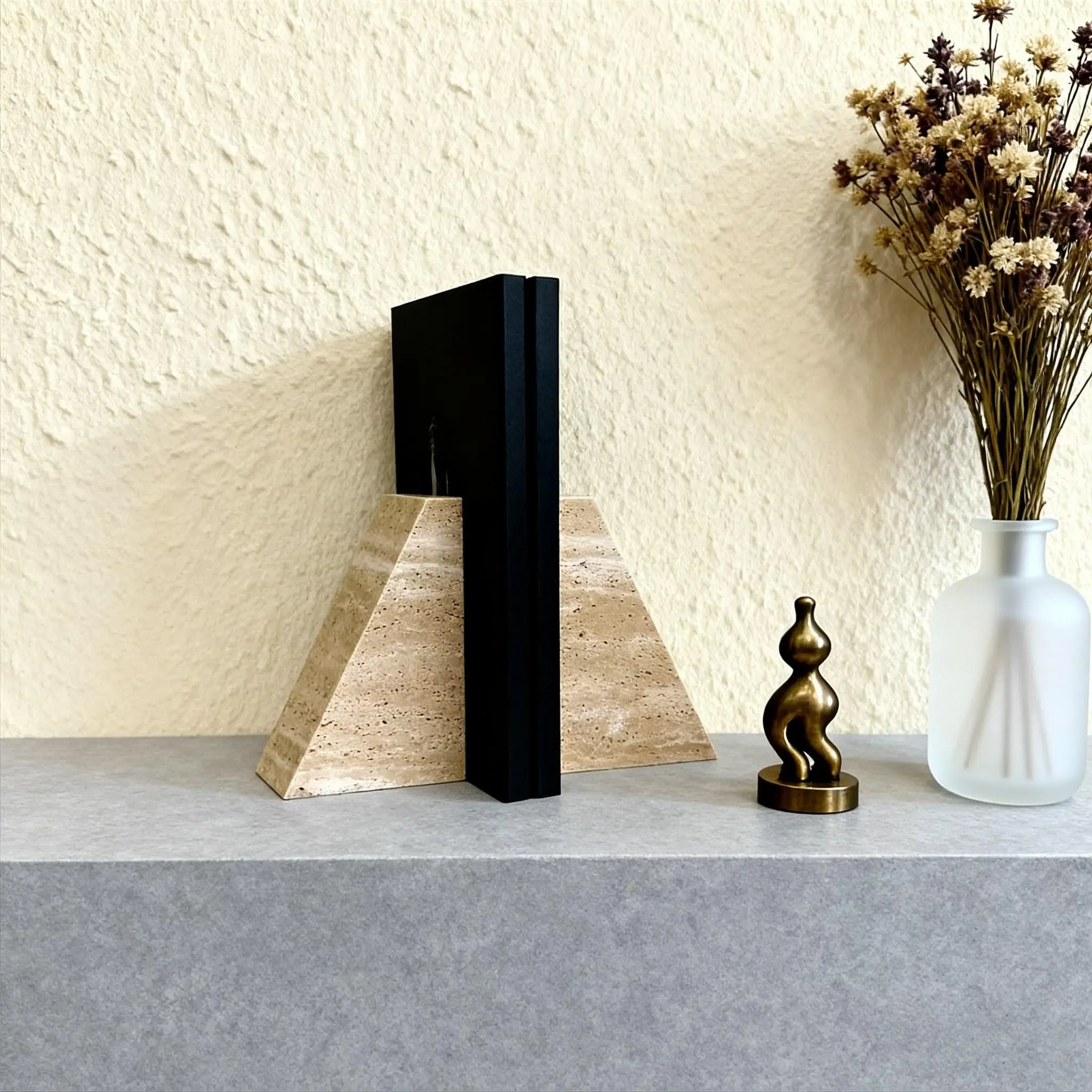 Natural Travertine Marble Bookends, Stone Geometric Book Stand, Modern Desk Bookshelf Organizer for Home Office Decor