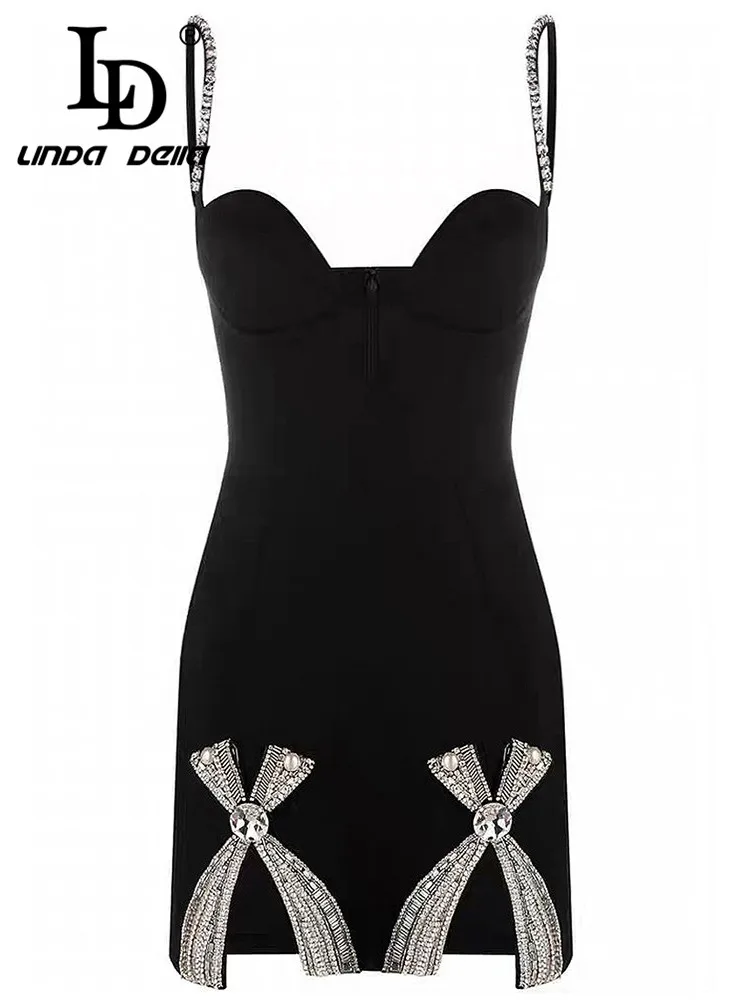 LD LINDA DELLA Autumn New Style Elegant Pretty Dress Women's Black Extravagant Nail Bead  Suspender Splice Beach Mini Dress