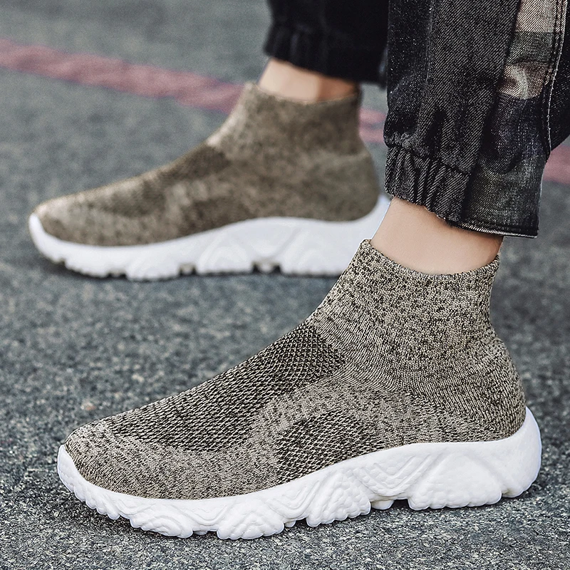 Autumn Classic Khaki Men's High-top Sneakers Big Size 47 Weave Breathable Sneakers Men Slip-on Platform Jogging Shoes Casual Men