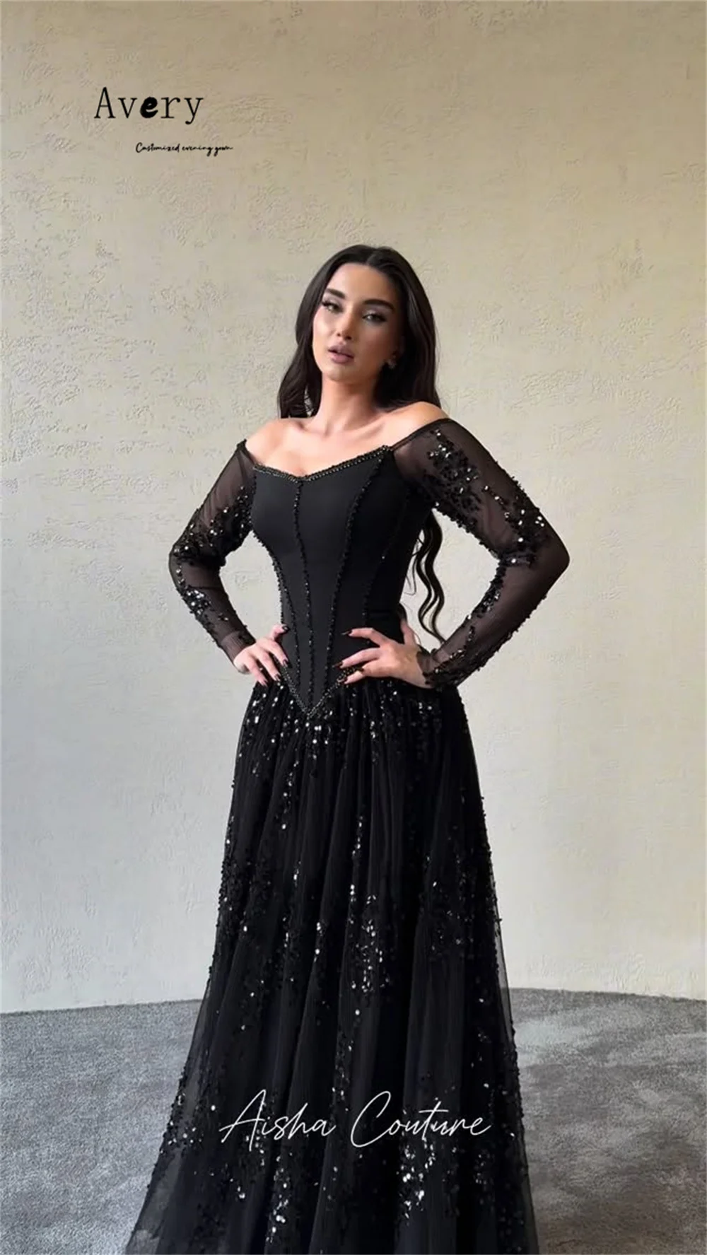 Avery Custom Black A Line Shiny Long Sleeve Curved Elegant Party Dresses 2026 Elegant Woman Dress Women's Prom Dress Evening image 2