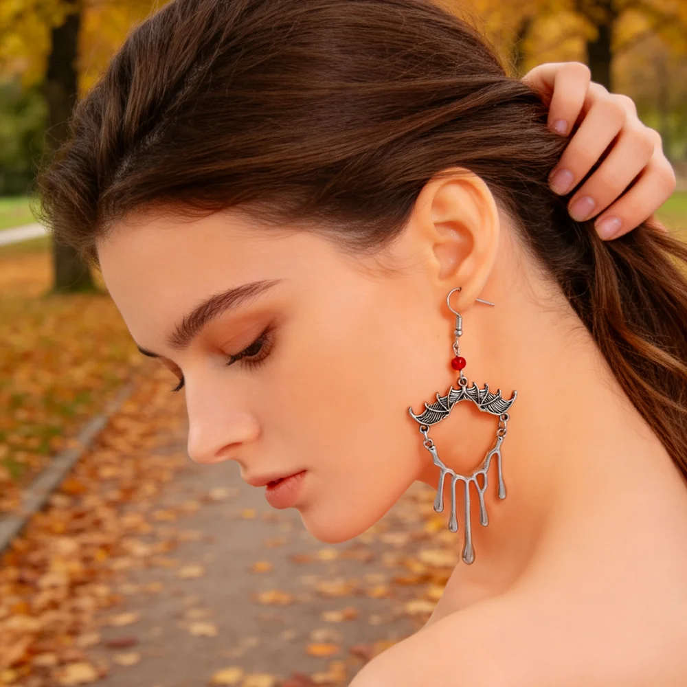 Dark style bat shaped long earrings, trendy and personalized accessories, eye-catching and versatile for daily wear - view 6