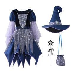 Children Halloween Cosplay Witch Costume Kids Princess Birthday Fancy Clothes Girls Elegant Dress Hat Vampire Christmas Fantasy