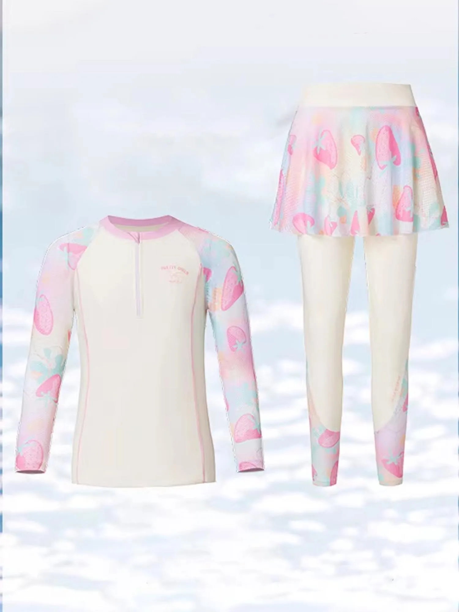 

Girls Rash Guard Swimwear 3 Piece Set Printed Long Sleeve Half Zip Top Long Pants and Skirt Breathable UPF50+ for Swimming