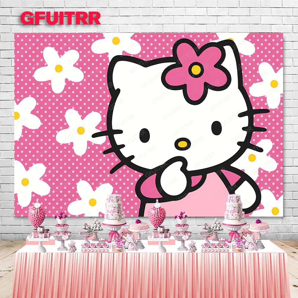 خلفية التصوير الفوتوغرافي Hello Kitty الوردية ، ديكور عربة الكرتون ، مستلزمات كشك الاستوديو ، حفلة عيد الميلاد ، استحمام الطفل ، فتاة