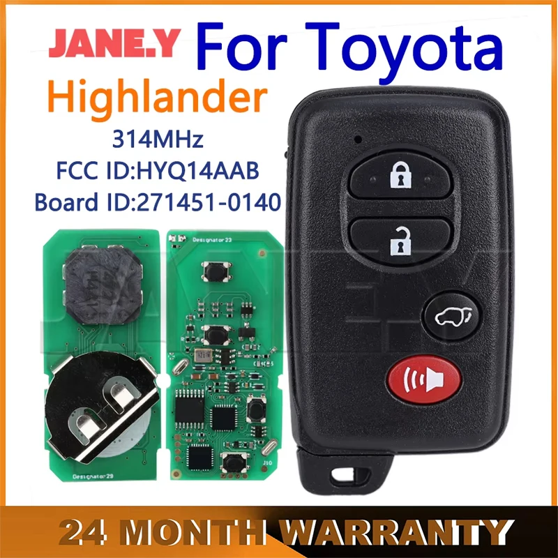 

For Toyota Highlander 2007-2014 Auto Remote Control Key Fob Board ID:271451-0140 FCC ID HYQ14AAB 314.3MHz 4 Buttons Car Key