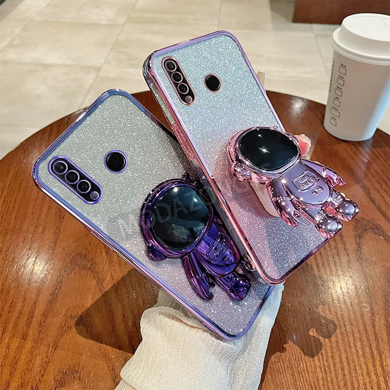 For Huawei P30 Lite Case Soft Silicone Plating Bling TPU Nova 4e MAR-LX2 MAR-LX1M Phone Casing Back Cover With Astronaut Bracket