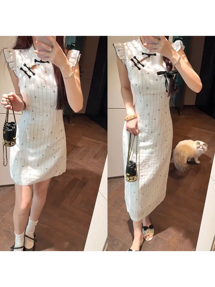 

Mimius New Chinese Sle Dr with Buttoned Asymmetrical Collar Ele Cotton Maxi Dr for Women