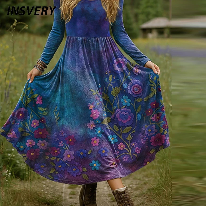 

Новое женское платье больших размеров в стиле бохо с круглым вырезом и длинным рукавом, вечерние платья трапециевидной формы для женщин, весенне-осеннее длинное платье с цветочным принтом