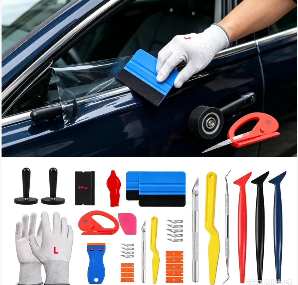 20Pcs Automotive Film Application Tools Plastic Scraper Felt Squeegee Car Magnet Holder Gloves Safety Cutter Micro Squeegee