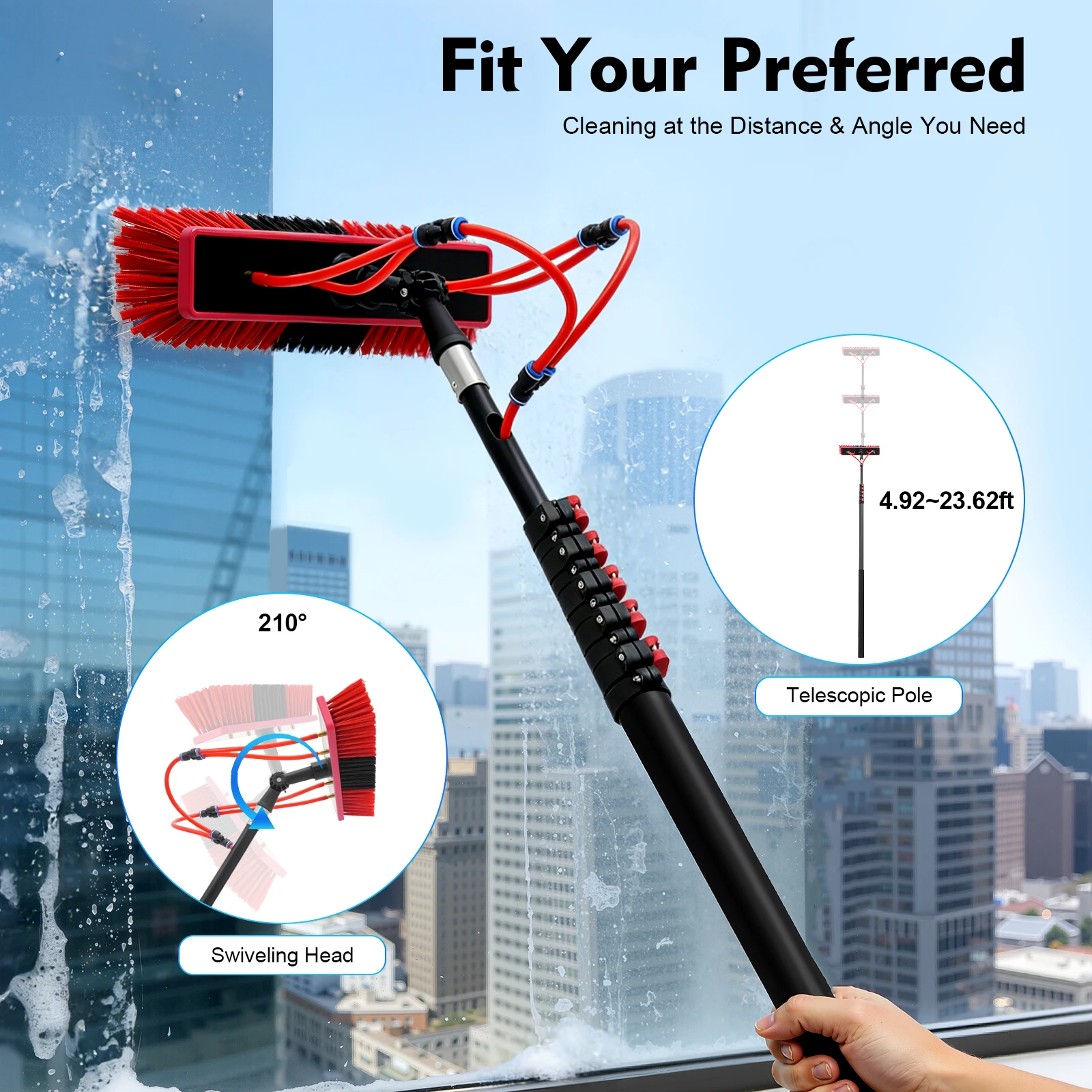

Water Fed Pole Kit, 24Ft Telescopic Water Fed Brush, Water Fed Cleaning Tool, Outdoor Solar Panel Window Cleaner with 65ft Hose