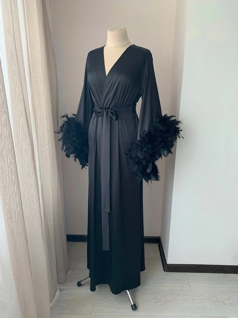 Feather Long Bridal Robe Bride Robe For Wedding Day With Feather Blush Kimono Black Boudoir Floor Length Robe Maxi Dressing Gown