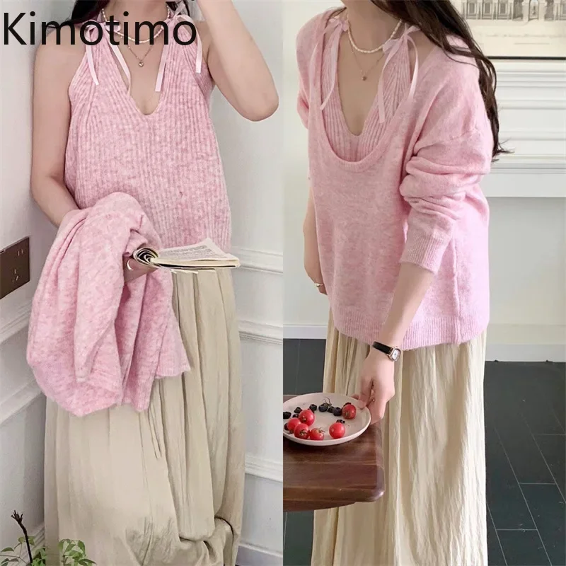 Kimotimo Sweater Chic Suits Women Halter V Neck Knitted Vest Sweet Loose Long Sleeve Pullover Autumn Winter Gentle Two Piece Set