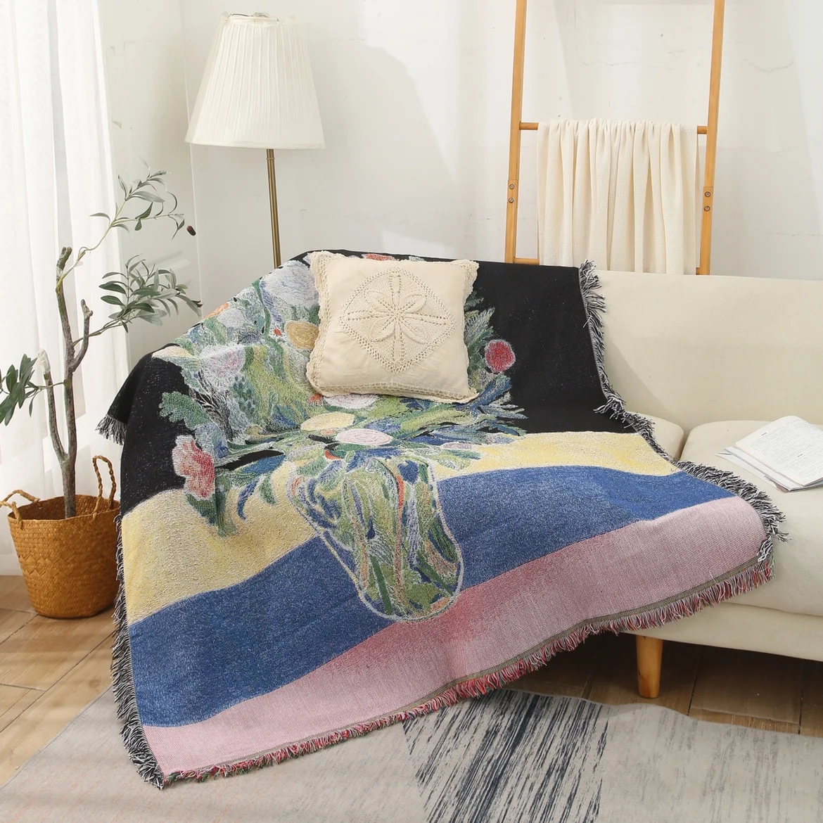 

Floral Thread Blanket Tapestry Cloth Art Sofa Cover Multi-Functional Cotton Modern Simple Style Home Decorative Wall Hanging