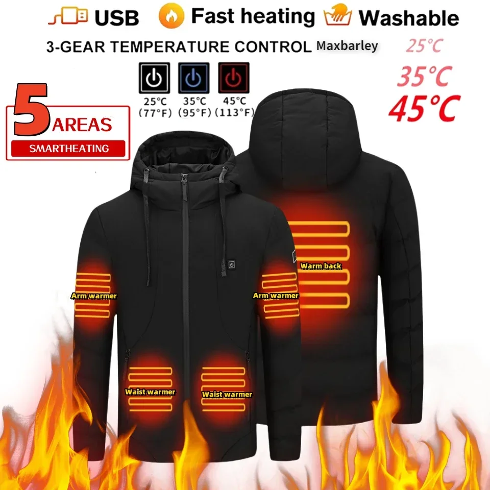 Giacca riscaldante invernale Giacca imbottita in cotone con cappuccio impermeabile casual da uomo Ricarica USB 5 zone Abbigliamento caldo Parka da