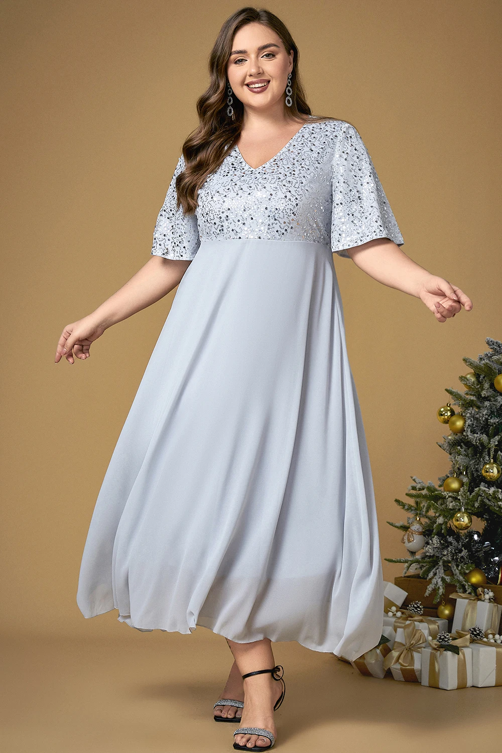 Flycurvy Plus Size Formal Silver Chiffon Sparkly Sequin Ruffle Sleeve Christmas Tunic Tea-Length Dress