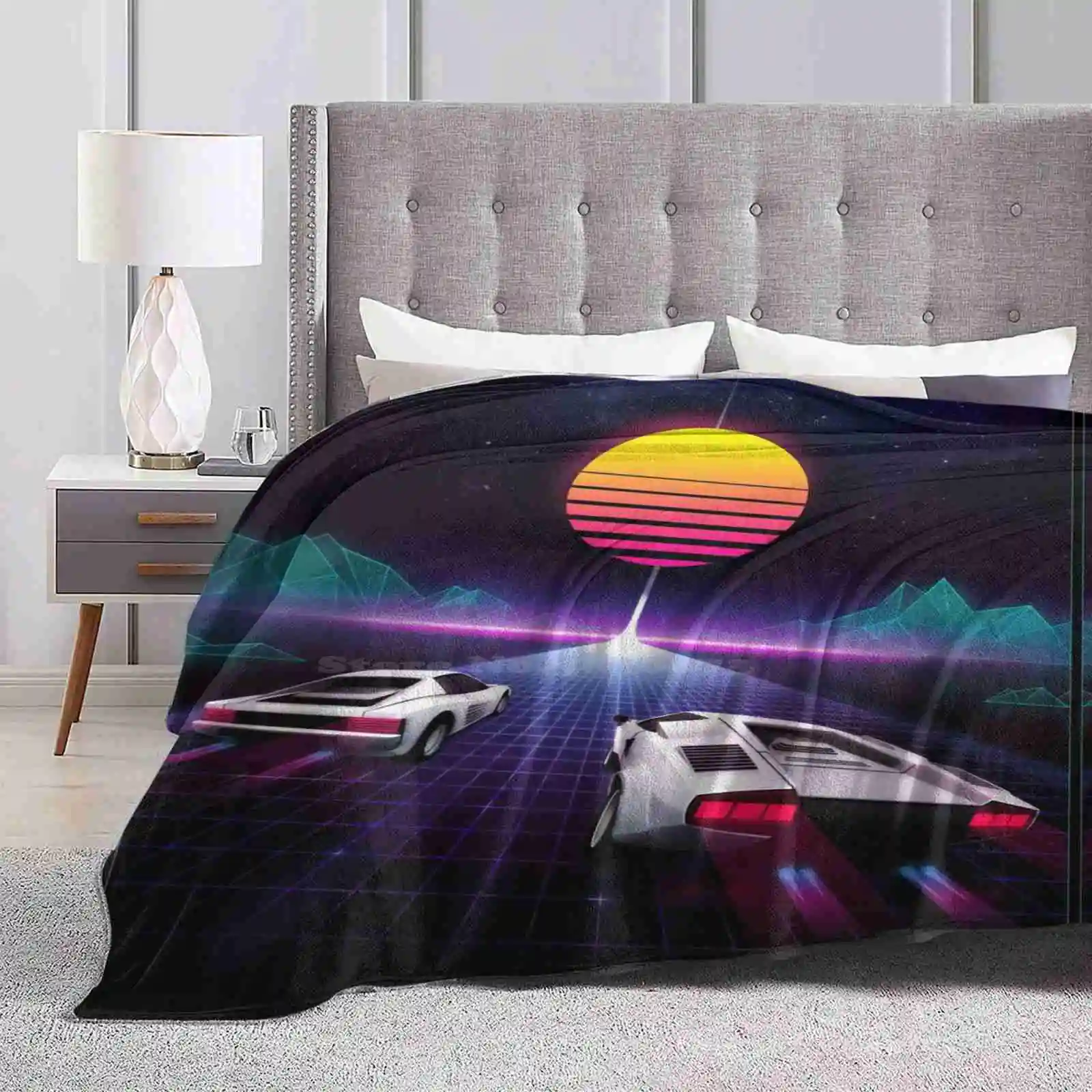 Neon Skyway Super Warm Soft Blankets Throw On Sofa/Bed/Travel 80S Pop Art Airbrush 1980 Neon Retro Pixel Art Race Sky Stars