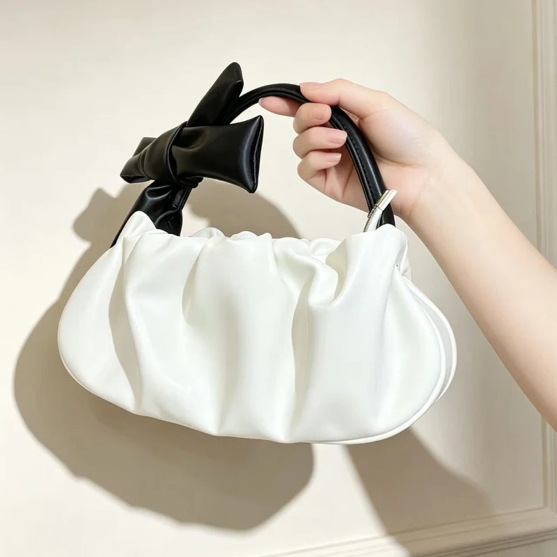 Fashion Pleated Cloud Bag Bow Knot Decor Women Shoulder Crossbody Bag Soft Handbag Cute Casual Tote Large Capacity Commute Bag