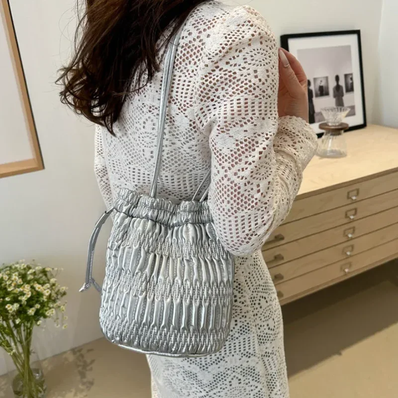 

Silver Pleated Drawstring Shoulder Bucket Bags Women Designer Soft PU Leather Small Handbags Female Casual Purse Underarm Bag