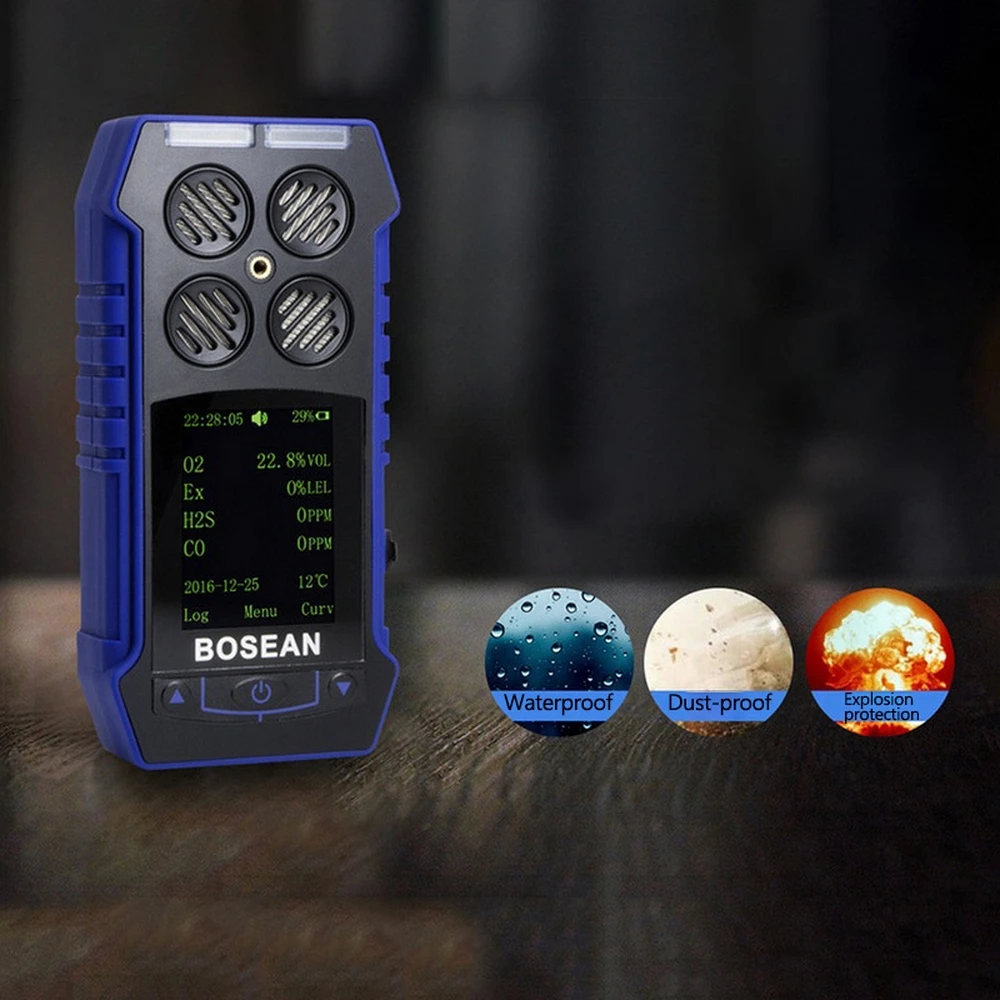 Portable 4 in 1 Gas Detector O2 EX H2S CO Gas Analyzer Four Alarm Methods Three-proof Connect with Computer Store Data